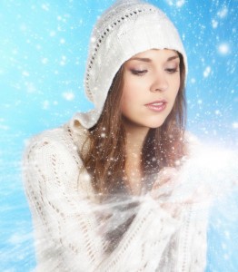 Woman In Winter Clothes Blowing Snow