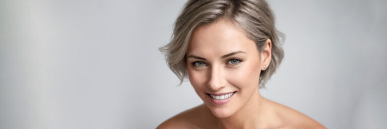 Portrait Of A Beautiful Woman On A Gray Background, Face Close-Up
