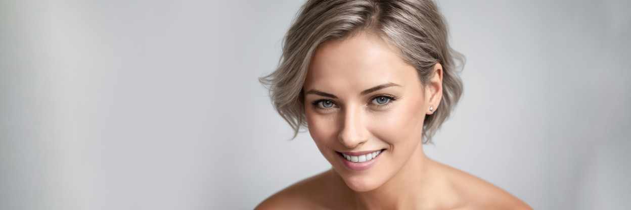 Portrait Of A Beautiful Woman On A Gray Background, Face Close-Up