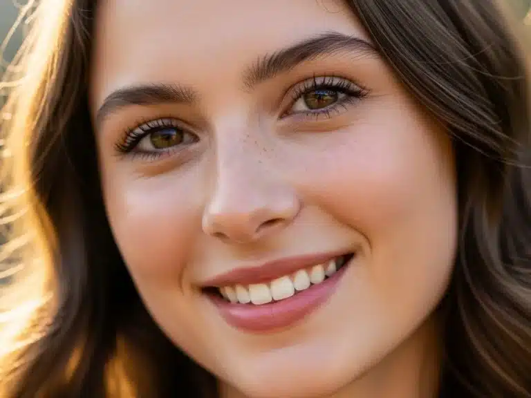 Close Up Portrait Of Beautiful Young Woman With Friendly Smile And Brown Eyes